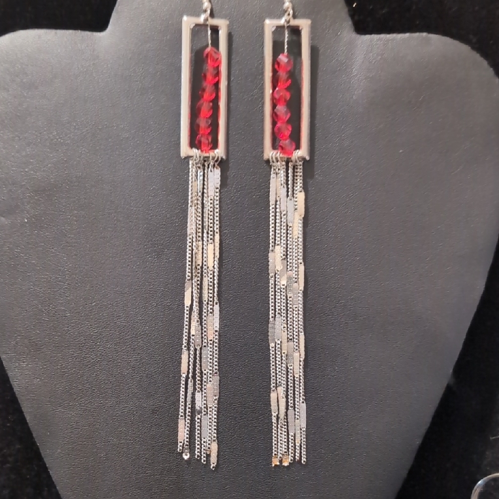Elegant Silver and Red Dangle Earrings